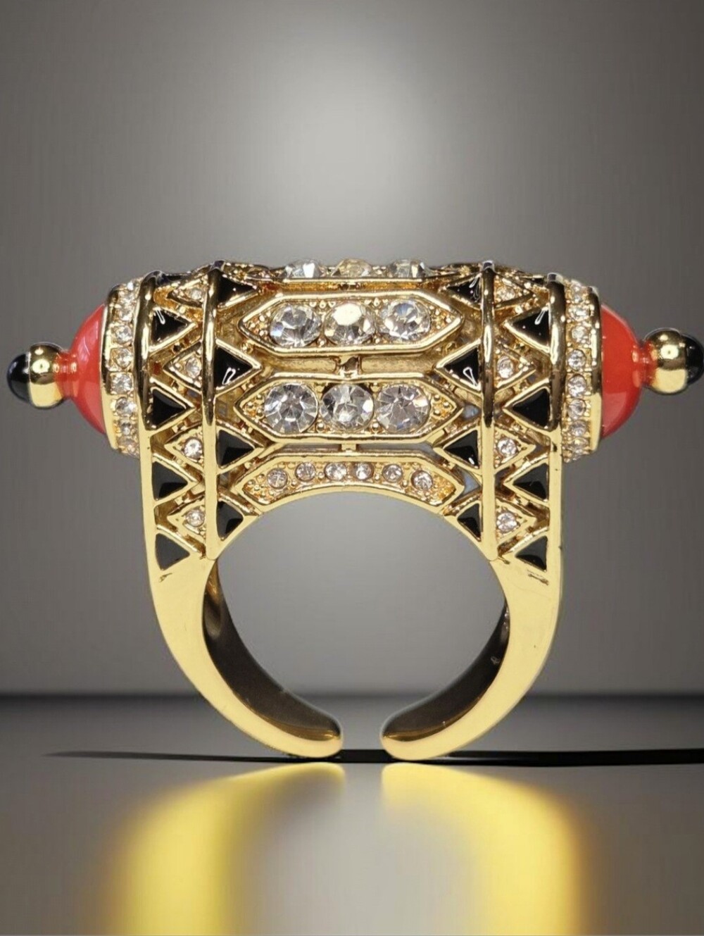 18k Gold Plated High-end Luxury Designer Coral Onyx Crystal Oversized Geo Ring
